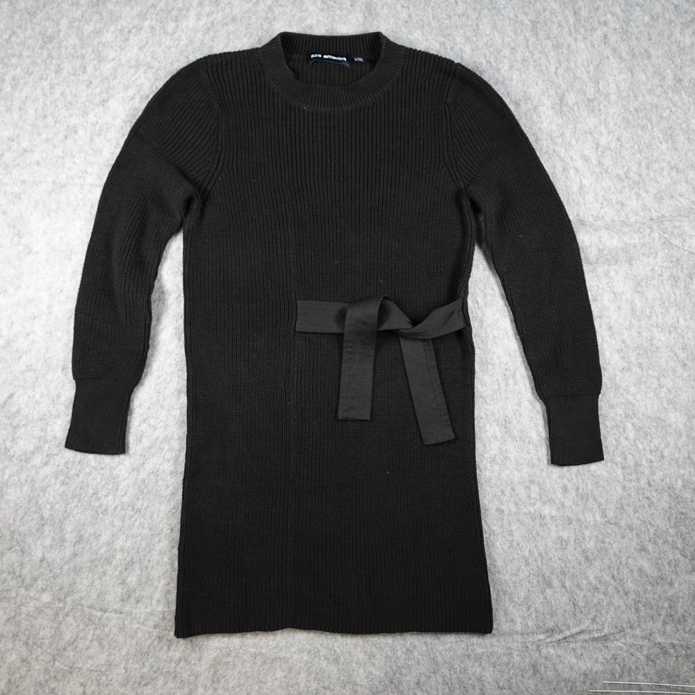 525 America Dress Women Medium Black Ribbed Sweater Knit Long Sleeve Belted Mini